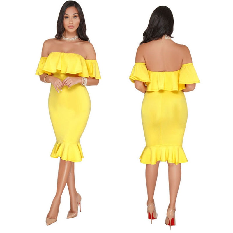 Elegant Yellow Off Shoulder Party Short Dress Women Sexy Backless Ruffles Sleeve Club Dresses Female Clothing