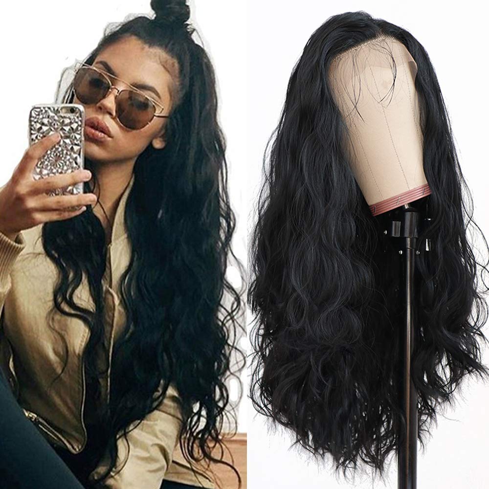 Maycaur Long Black Hair Lace Wigs Loose Wavy Hair Glueless Heat Resistant Synthetic Lace Front Wigs