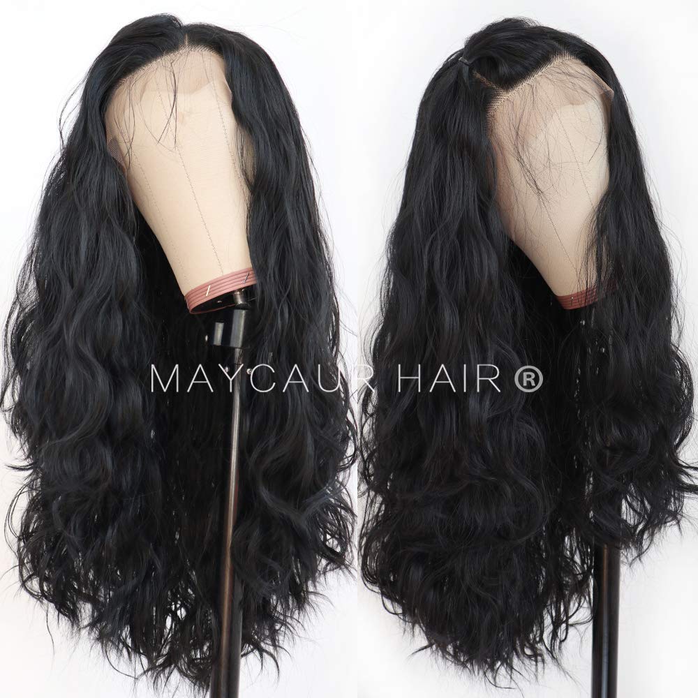 Maycaur Long Black Hair Lace Wigs Loose Wavy Hair Glueless Heat Resistant Synthetic Lace Front Wigs