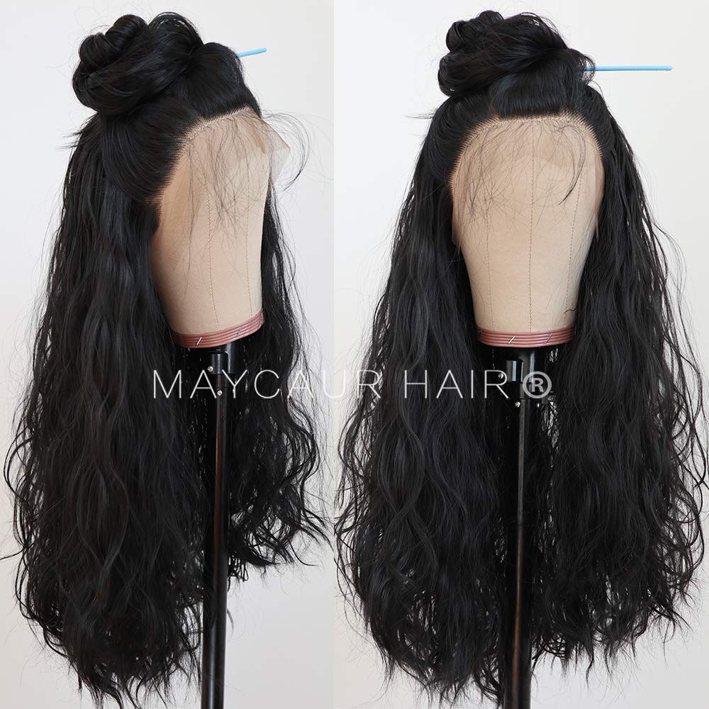 Maycaur Long Black Hair Lace Wigs Loose Wavy Hair Glueless Heat Resistant Synthetic Lace Front Wigs