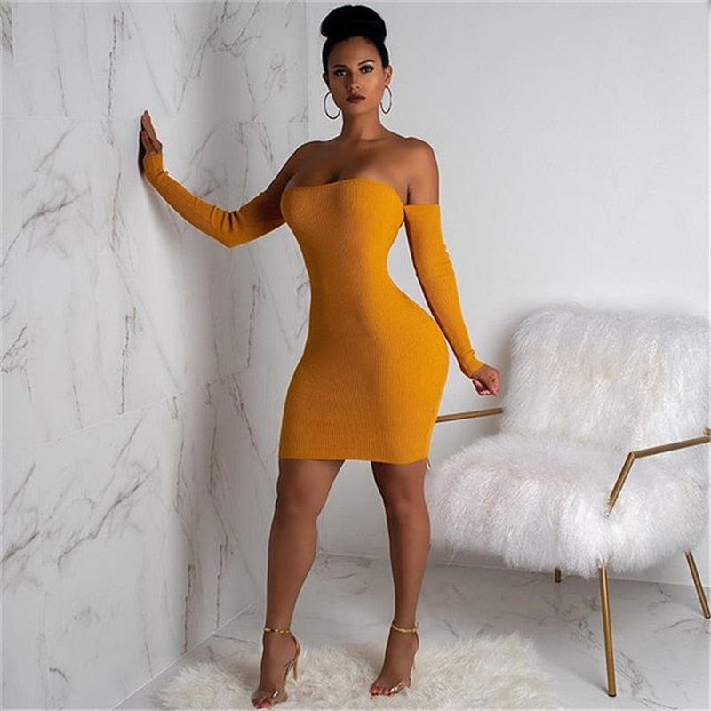 Knitted Long Sleeve Mini Bandage Dress Club Party Winter Off Shoulder Backless Lace Up Bodycon Dresses