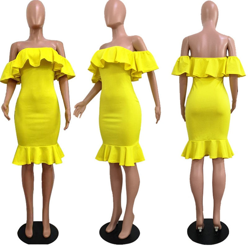 Elegant Yellow Off Shoulder Party Short Dress Women Sexy Backless Ruffles Sleeve Club Dresses Female Clothing