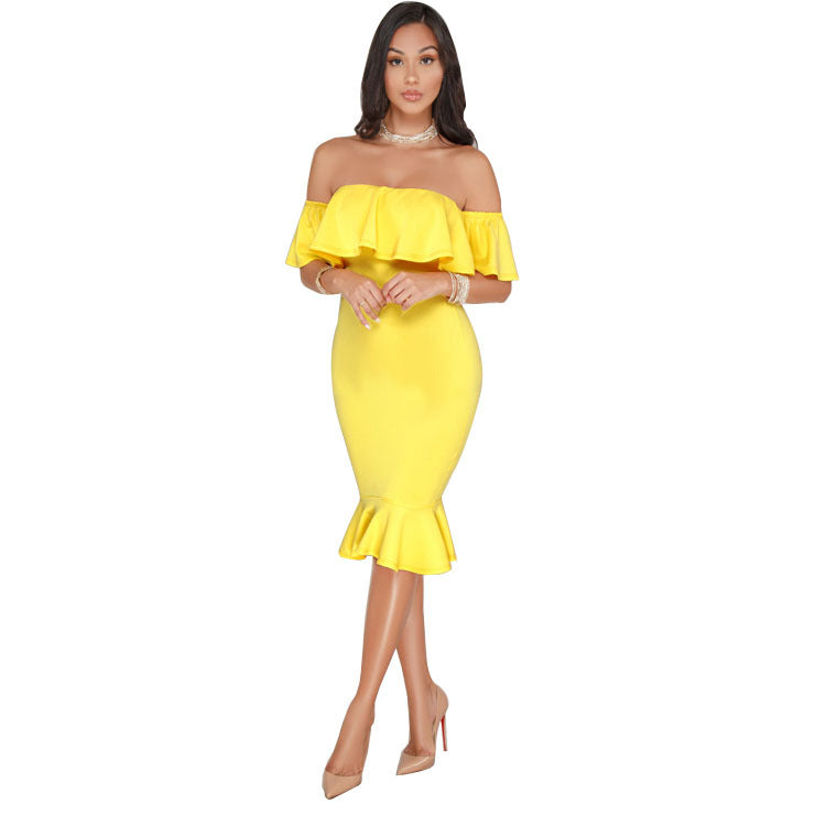 Elegant Yellow Off Shoulder Party Short Dress Women Sexy Backless Ruffles Sleeve Club Dresses Female Clothing