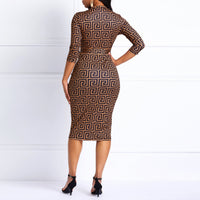 Women Bodycon Dresses Office Zipper Elegant Sexy Brown V Neck High Waist Geometric Print Female Belt Stylish Party Club Dress