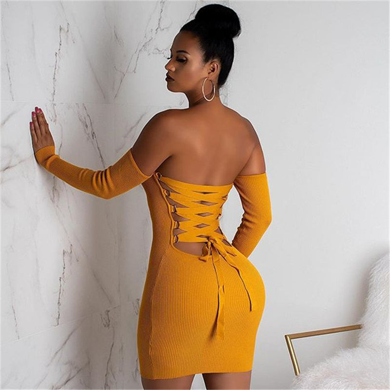 Knitted Long Sleeve Mini Bandage Dress Club Party Winter Off Shoulder Backless Lace Up Bodycon Dresses