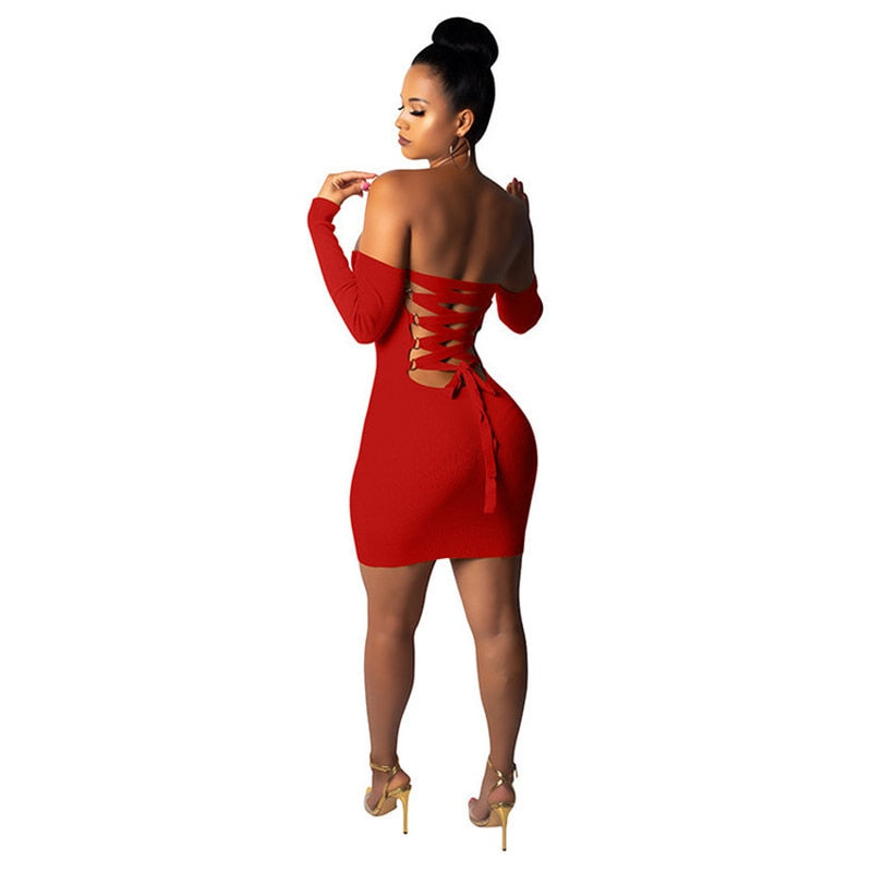 Knitted Long Sleeve Mini Bandage Dress Club Party Winter Off Shoulder Backless Lace Up Bodycon Dresses