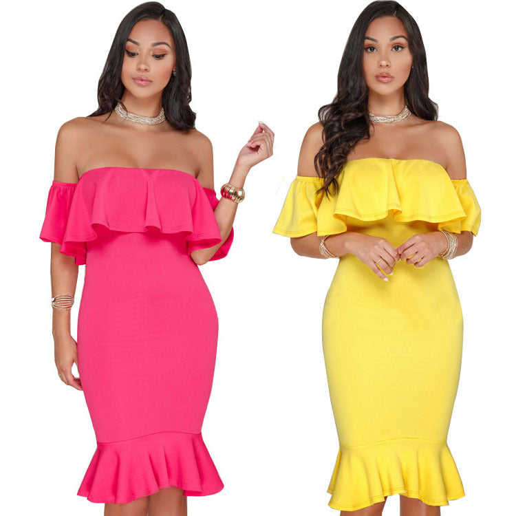 Elegant Yellow Off Shoulder Party Short Dress Women Sexy Backless Ruffles Sleeve Club Dresses Female Clothing