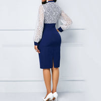 Elegant Women Dress Blue Lace Puff Sleeve Bodycon Dress Office Lady Work Green Midi Dresses