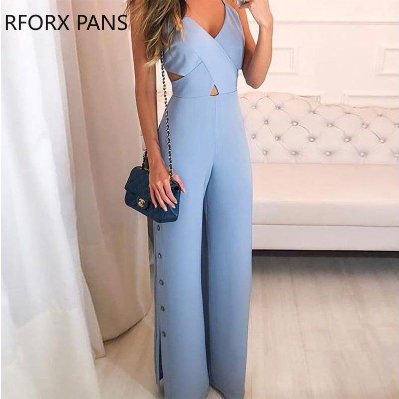 Crisscross Spaghetti Strap Button Slit Side Jumpsuit