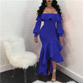 Adogirl Ruffle Off Shoulder Maxi Evening Party Dresses  Autumn Winter Women Sexy Slash Neck Long Sleeve Hi Lo Mermaid Dress