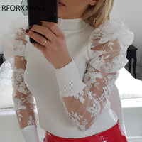 Lace Puff Sleeve Knit Top  Womens Tops and Blouses