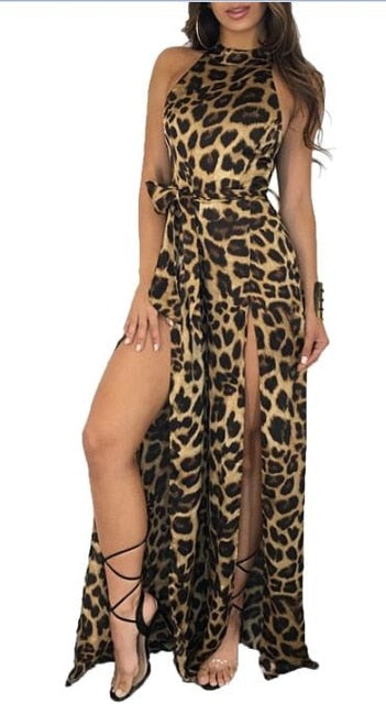 2019 OMSJ Leopard Jumpsuit for Women Sexy Halter Skinny Body Suit Sleeveless Split Playsuit Female Spring Loose Wide Leg Rompers