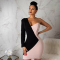 Dresses Sexy One Shoulder Long Sleeve Mini Dress Double Color Patchwork Evening Party Summer Dress