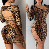 Backless Leopard Bandage Bodycon Mini Dress For Women Low-cut Long Sleeve U Neck Dress For Female Skinny Party Fashion Dress