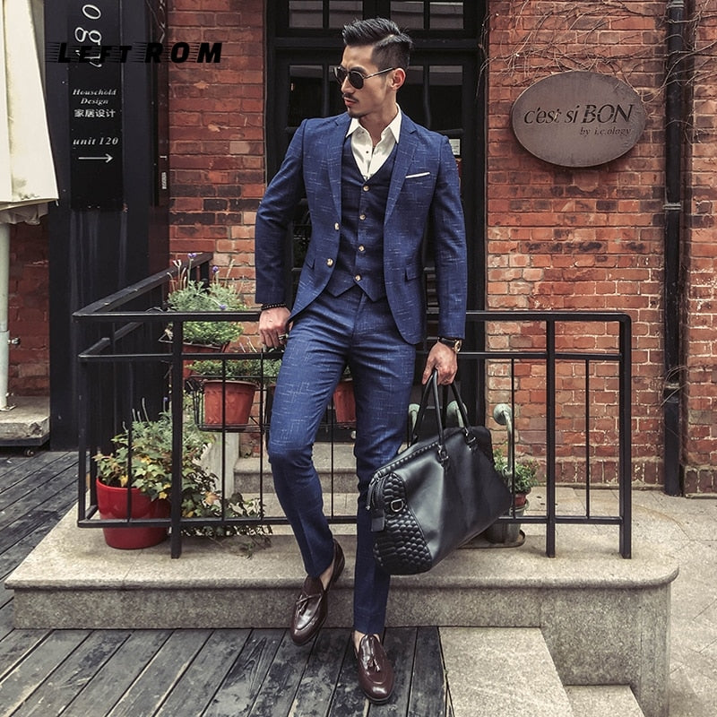 ( Jacket + Vest + Pants ) New Fashion Boutique Men's Plaid Formal Business Suit 3 Piece Set