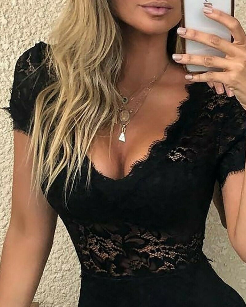 Lady Sheer Lace Floral Sexy Women Playsuit Jumpsuit Hot Summer V Neck Short Sleeve Bodycon Romper Chic Party Outfits Clothes set