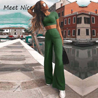 2 Two Piece Set Women Ribbed O Neck Crop Top and Long Pants Set Sexy Autumn Short Sleeve Tracksuit