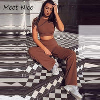 2 Two Piece Set Women Ribbed O Neck Crop Top and Long Pants Set Sexy Autumn Short Sleeve Tracksuit