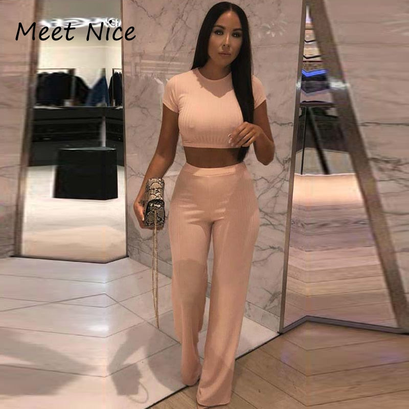 2 Two Piece Set Women Ribbed O Neck Crop Top and Long Pants Set Sexy Autumn Short Sleeve Tracksuit