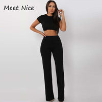 2 Two Piece Set Women Ribbed O Neck Crop Top and Long Pants Set Sexy Autumn Short Sleeve Tracksuit