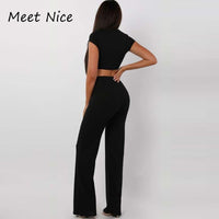 2 Two Piece Set Women Ribbed O Neck Crop Top and Long Pants Set Sexy Autumn Short Sleeve Tracksuit