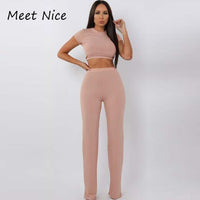 2 Two Piece Set Women Ribbed O Neck Crop Top and Long Pants Set Sexy Autumn Short Sleeve Tracksuit