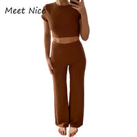 2 Two Piece Set Women Ribbed O Neck Crop Top and Long Pants Set Sexy Autumn Short Sleeve Tracksuit