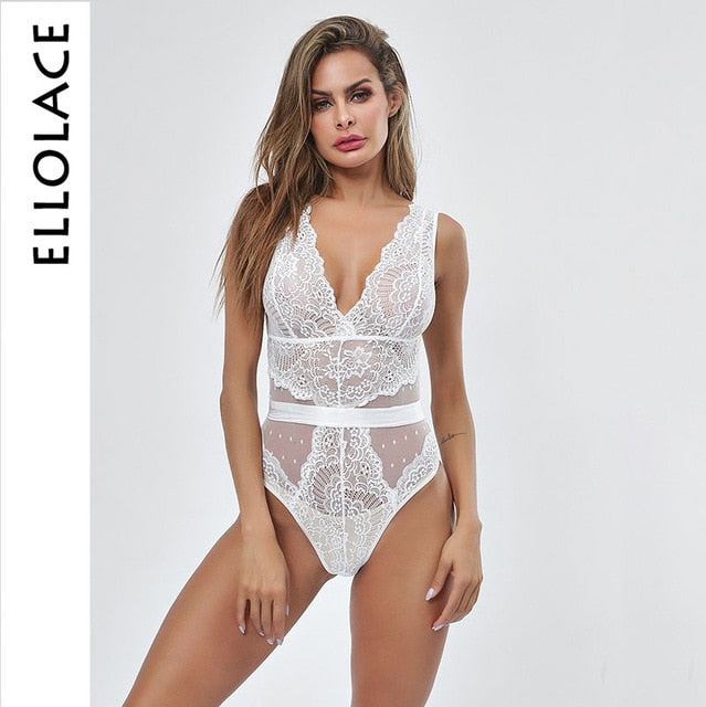 Lace Bodysuit Women Floral Embroidery Deep V Neck Sexy Bodysuit Dot Patchwork Jumpsuit