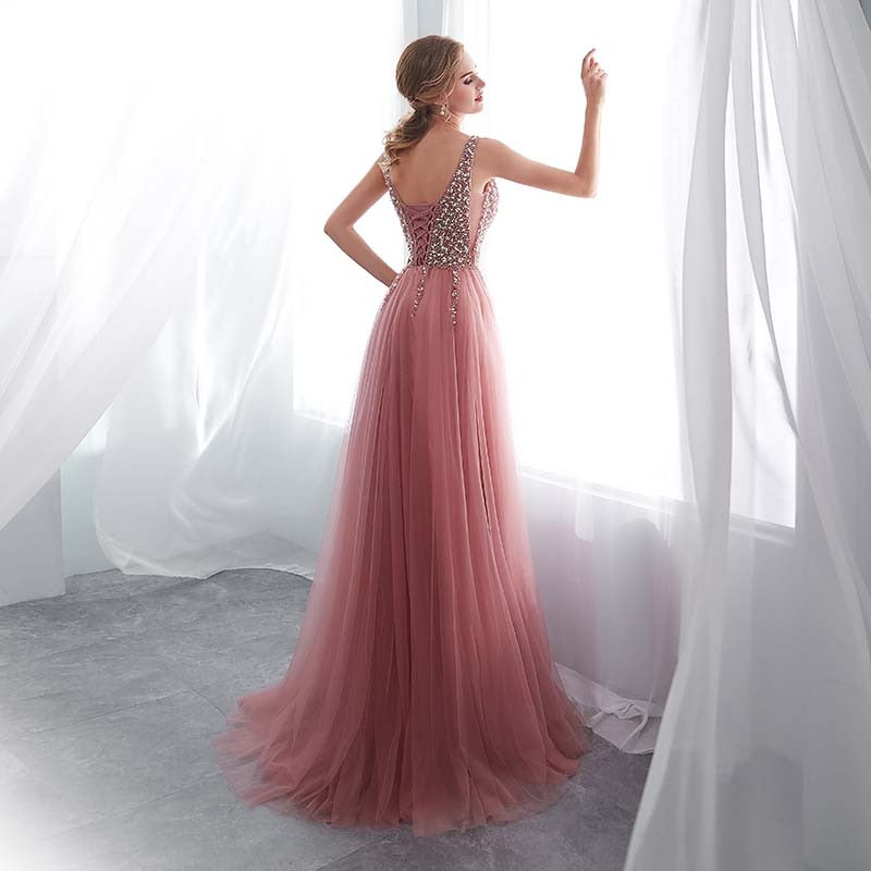 2021 V-Neck Pink High Split Tulle Sweep Train A-line Lace Up Backless Dress