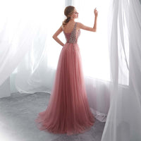 2021 V-Neck Pink High Split Tulle Sweep Train A-line Lace Up Backless Dress