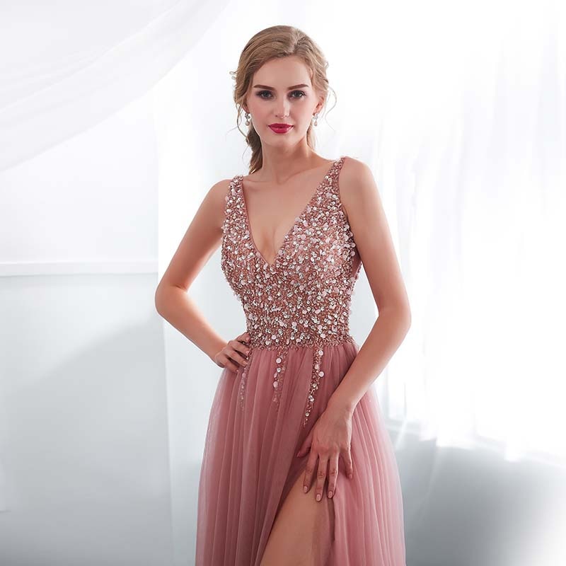 2021 V-Neck Pink High Split Tulle Sweep Train A-line Lace Up Backless Dress