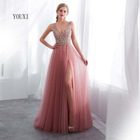 2021 V-Neck Pink High Split Tulle Sweep Train A-line Lace Up Backless Dress