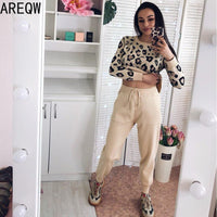 Sweatsuits Knitted Leopard Long Sleeve O-neck Sweater + Elastic Waist Pocket Harem Pants Sets