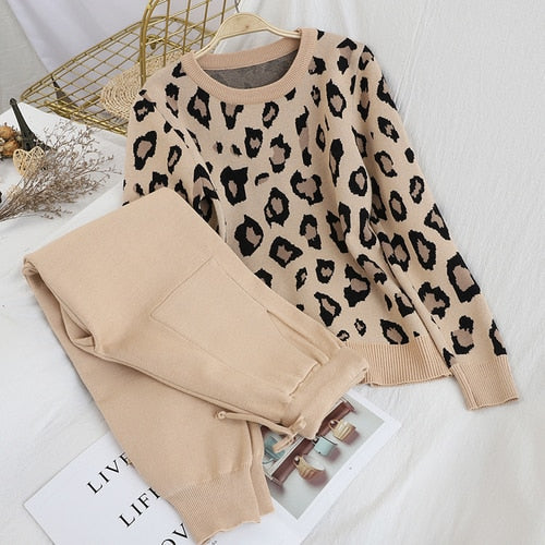 Sweatsuits Knitted Leopard Long Sleeve O-neck Sweater + Elastic Waist Pocket Harem Pants Sets