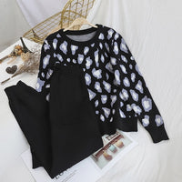 Sweatsuits Knitted Leopard Long Sleeve O-neck Sweater + Elastic Waist Pocket Harem Pants Sets