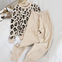 Sweatsuits Knitted Leopard Long Sleeve O-neck Sweater + Elastic Waist Pocket Harem Pants Sets