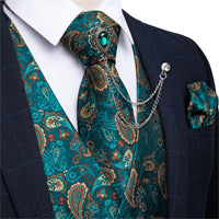 New Teal Green Paisley 100% Silk Formal Dress Vest