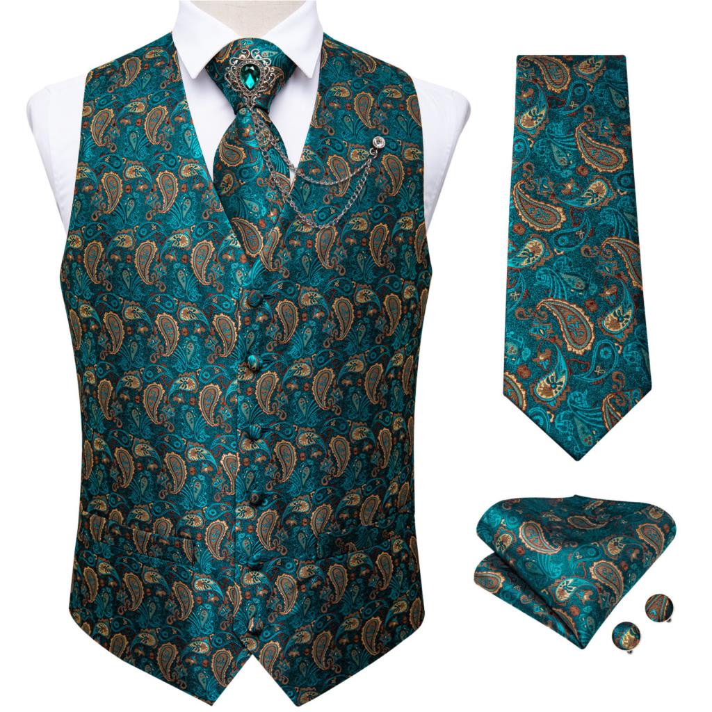 New Teal Green Paisley 100% Silk Formal Dress Vest