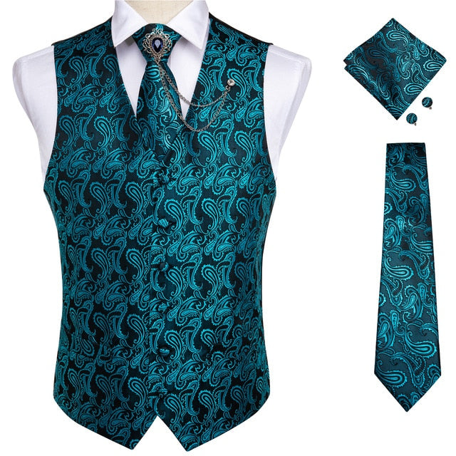 New Teal Green Paisley 100% Silk Formal Dress Vest