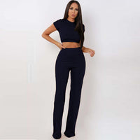 2 Two Piece Set Women Ribbed O Neck Crop Top and Long Pants Set Sexy Autumn Short Sleeve Tracksuit