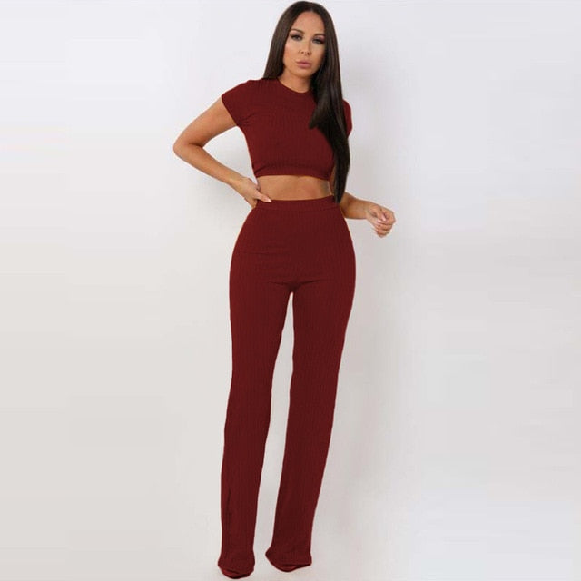 2 Two Piece Set Women Ribbed O Neck Crop Top and Long Pants Set Sexy Autumn Short Sleeve Tracksuit