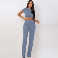 2 Two Piece Set Women Ribbed O Neck Crop Top and Long Pants Set Sexy Autumn Short Sleeve Tracksuit