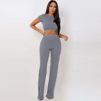 2 Two Piece Set Women Ribbed O Neck Crop Top and Long Pants Set Sexy Autumn Short Sleeve Tracksuit