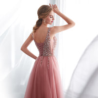 2021 V-Neck Pink High Split Tulle Sweep Train A-line Lace Up Backless Dress