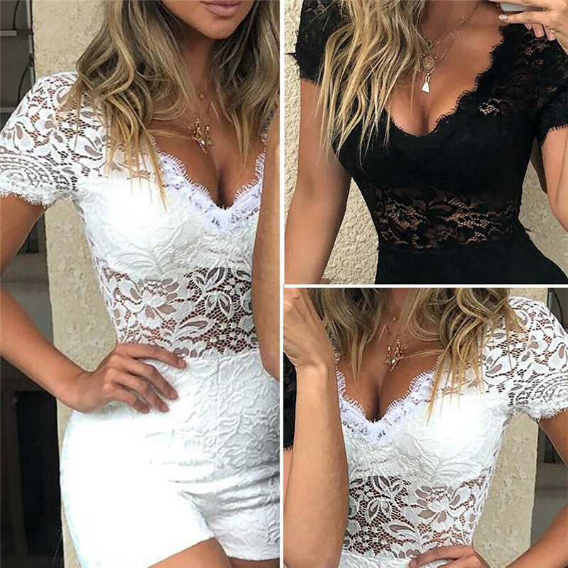 Lady Sheer Lace Floral Sexy Women Playsuit Jumpsuit Hot Summer V Neck Short Sleeve Bodycon Romper Chic Party Outfits Clothes set