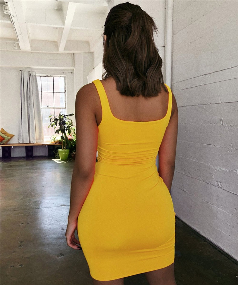 Spaghetti Strap Sexy Bodycon Dress Summer Yellow Neon Sleeveless Mini Short Dress