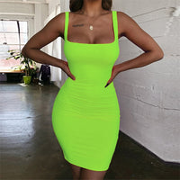 Spaghetti Strap Sexy Bodycon Dress Summer Yellow Neon Sleeveless Mini Short Dress