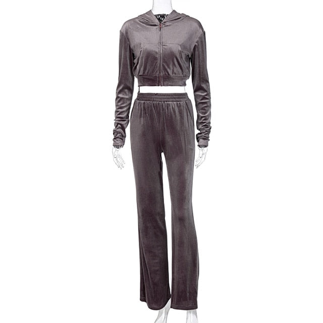 Velvet 3 Piece Set Hoodie Sweatshirt Zipper Tube Crop Top High Waist Wide Leg Pants