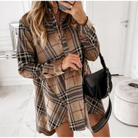 Plaid Check Tunic Elegant Dress Casual Irregular Mini Long-sleeve Loose Straight Short Dresses