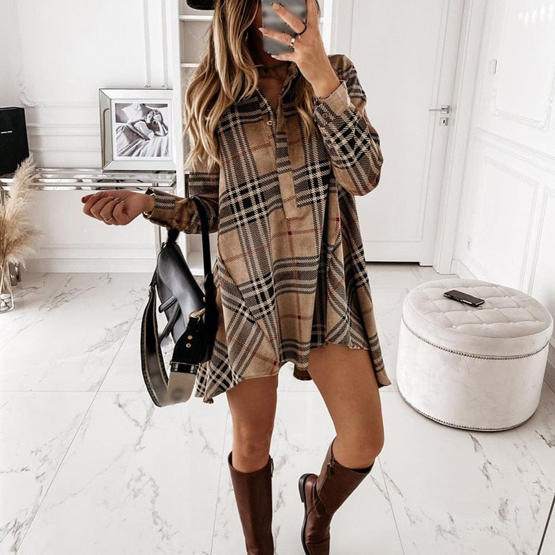 Plaid Check Tunic Elegant Dress Casual Irregular Mini Long-sleeve Loose Straight Short Dresses